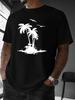 Unisex Summer Cotton Short Sleeve T Shirt White Palm Tree Island Seagull Print Crew Neck Tropical Beach Casual Street Male Tee