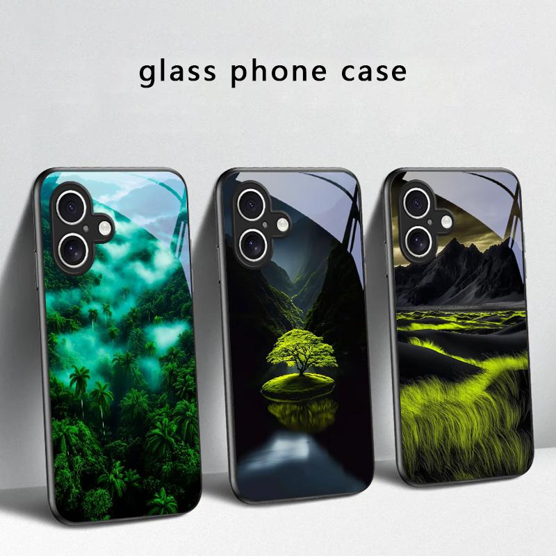 Рисунок «Лесной ручей» для iPhone 17 Air 16 E 15 Plus 14 Pro Max 13 12 mini 11 5 6 7 8 Plus XR XS Max SE Черный стеклянный чехол для телефона