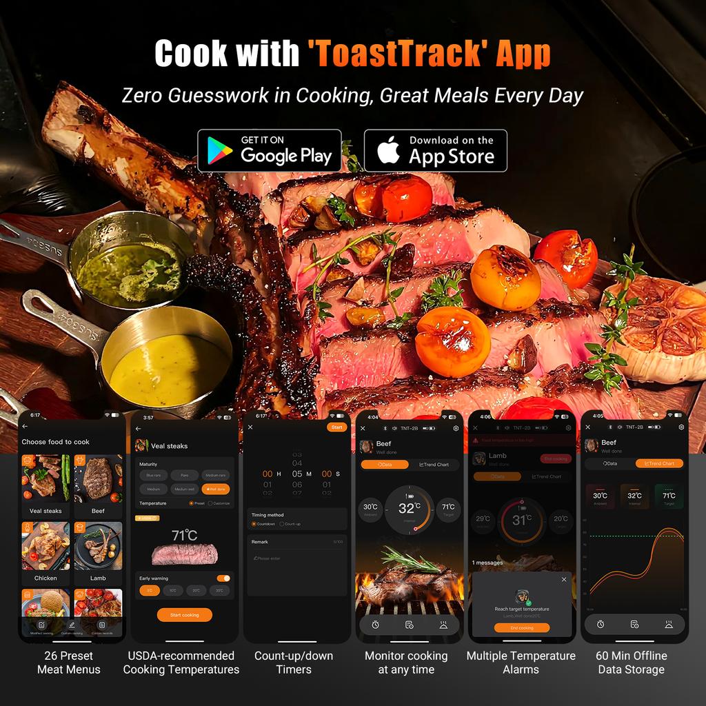 Беспроводной термометр для мяса 2,4G WiFi и Bluetooth 5.4 Бытовой термометр для барбекю с длинным и коротким щупами для приготовления, гриля