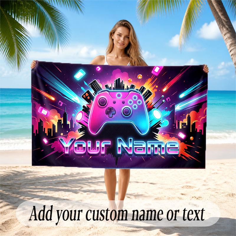 City Cyberpunk Theme Soft Beach Towel Personalized Custom Name Text Towel Portable for Beach Pool Travel