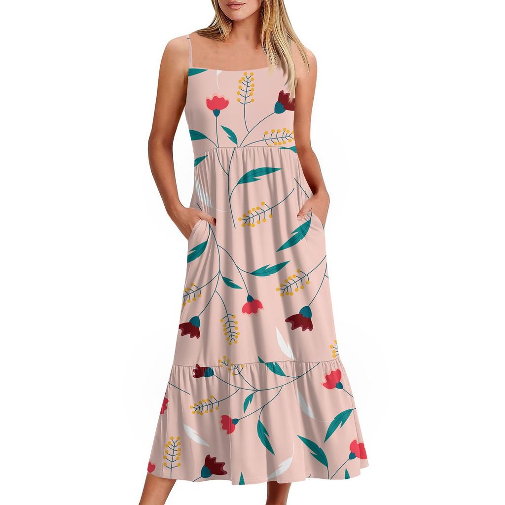 Women's Long Beach Casual Elegant Spaghetti Strap Maxi Dress Floral Low-key Flowing Bohemian Dress