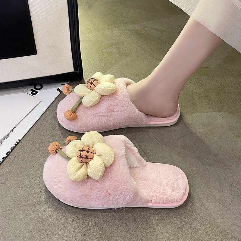 Girl's Heart Fluffy Slippers 2025 Autumn and Winter New Sweet and Cute Flower Soft Bottom Plush Home Cotton Mop