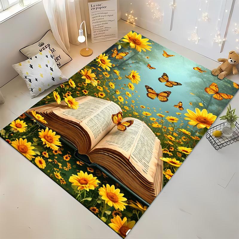Open Book with Sunflowers and Butterflies Non-slip rug suitable for living room and bedroom sofas