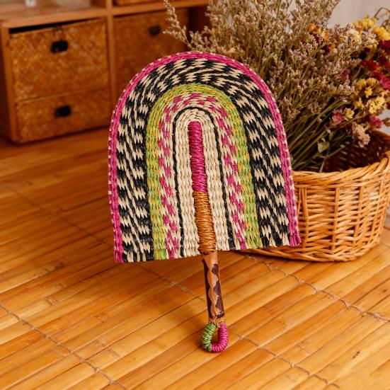 Handmade Straw Weaving Fan Natural Sea Grass Raffia Fan with Long
