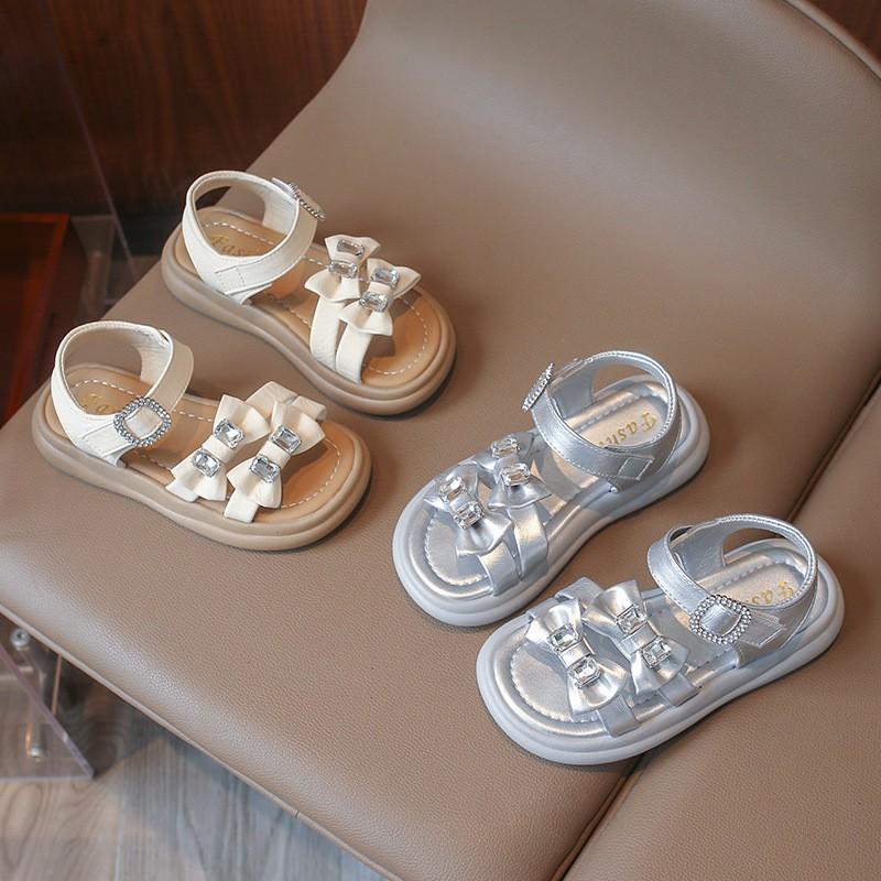 Girls Sandals With Bow Rhinestones Soft Rubber Sole Non-Slip PU Beach Shoes Ages 4-12