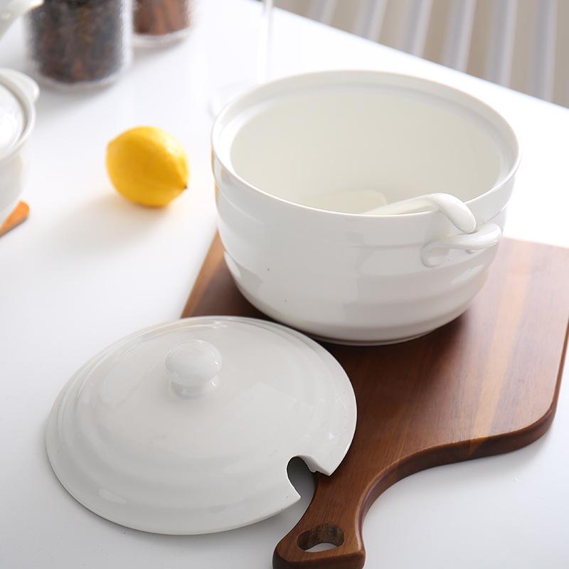 Керамический набор суповых тарелок с двумя ручками и крышкой - Безопасно для микроволновой печи, Включает большую ложку и супницу, Чисто-белый, Креативный дизайн (8 мисок)