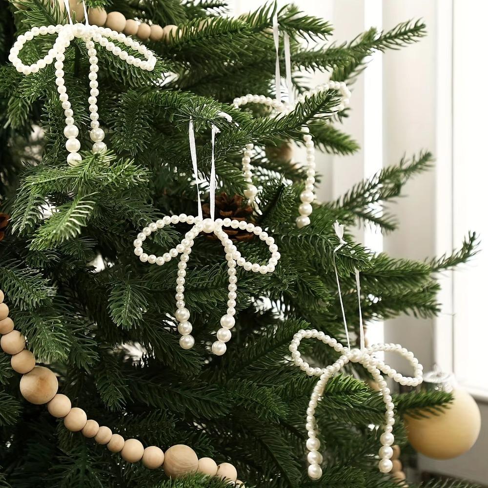 12PCS with Ribbon Strap Christmas Pearl Bow Hanging Ornaments Pearl Bow Handbag Charm Wedding
