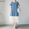 Women Casual Round Neck Short Sleeve Loose Lace Splice Dress