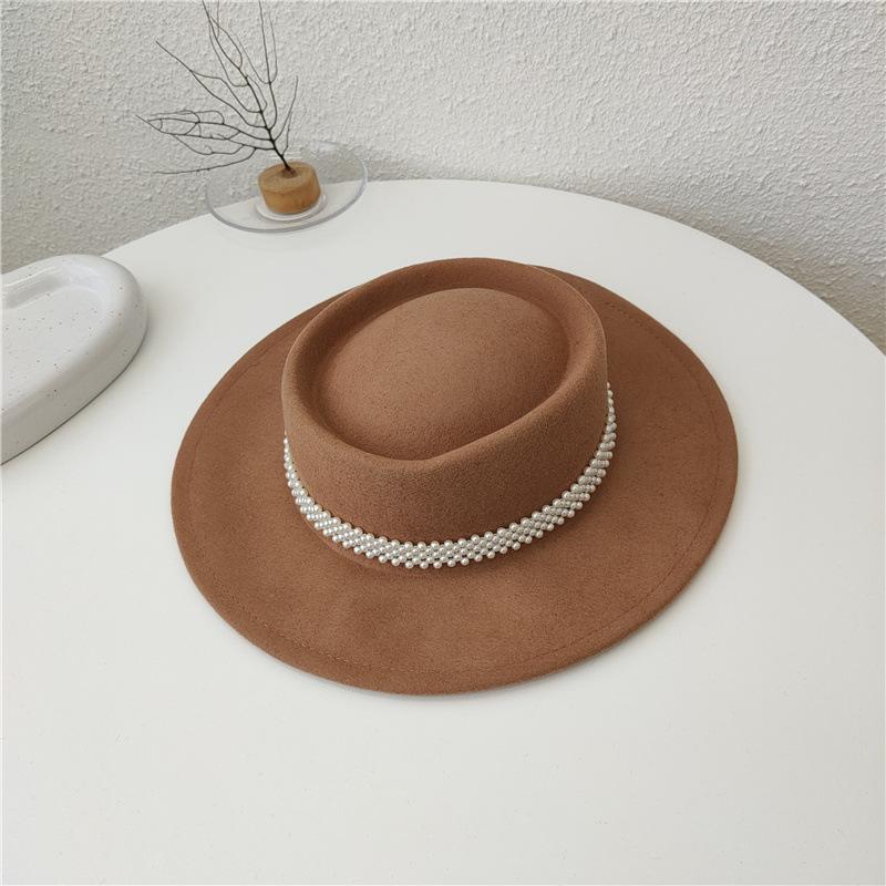 French wool woolen groove small pearl camel hat women's autumn and winter fashion versatile personality street shot concave top hat
