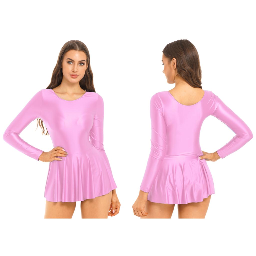 Женские глянцевые платья, танцевальное трико, платье с рюшами и длинными рукавами, спортивная одежда