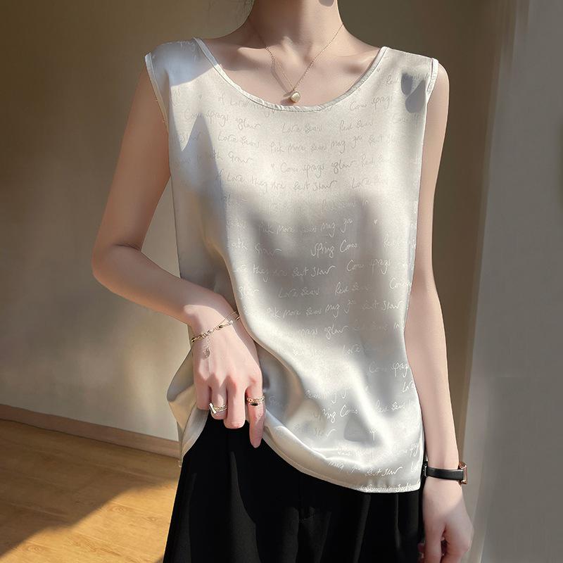 Женская шелковая майка с принтом 24 года - Топ из сатина и шелка тутового дерева с круглым и V-образным вырезом для многослойности в летнем костюме
