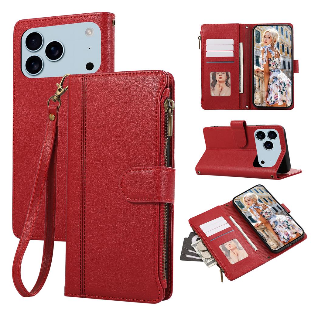 Чехол для iPhone 17 Pro с несколькими отделениями для карт, на молнии, кожаный чехол для телефона с ремешком на запястье