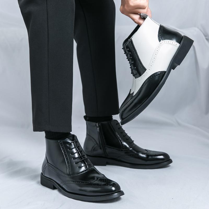 Men Brogues Boots Motorcycle Casual Ankle Boots Wingtip Dress Formal High Top Black White Leather Boots Over Sized