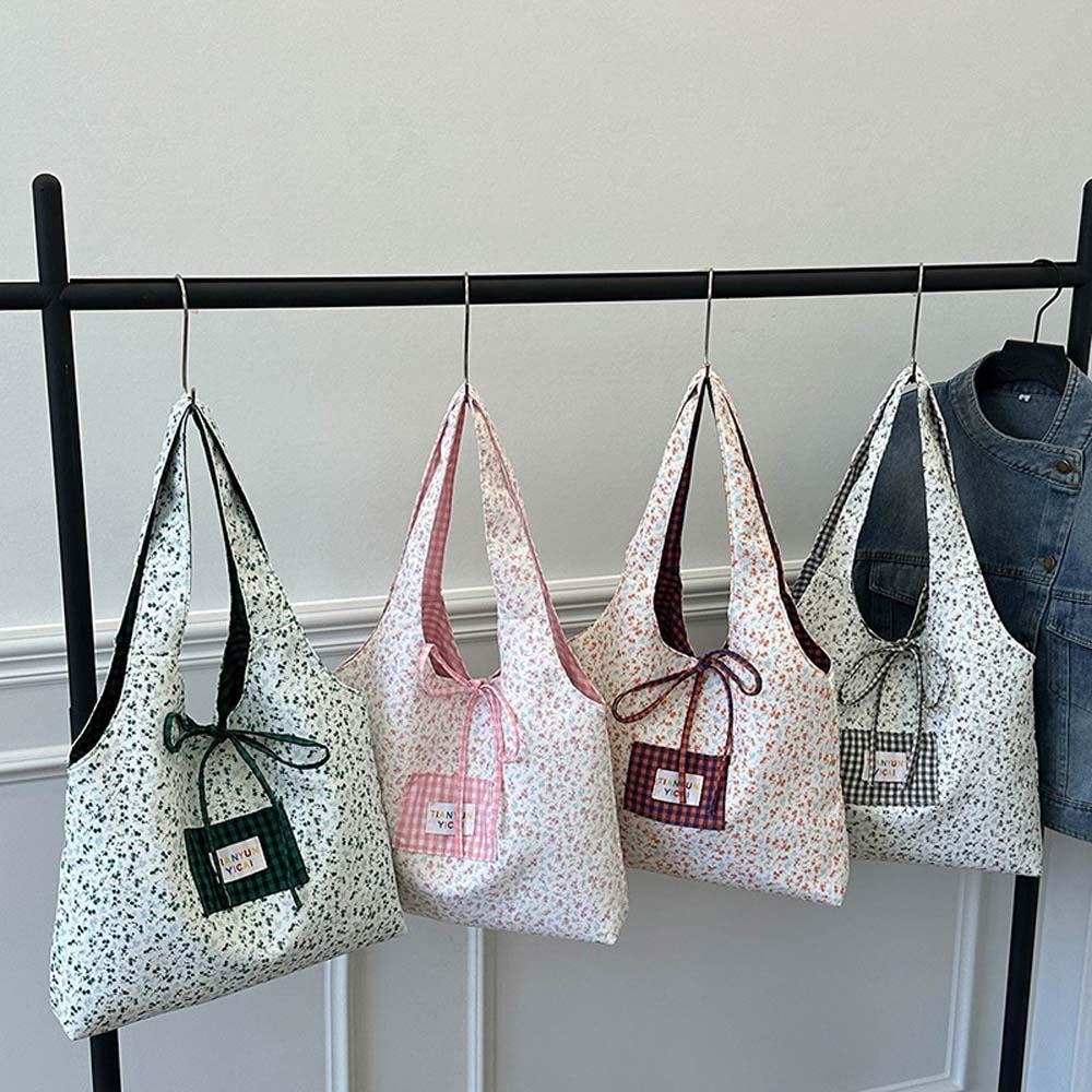 Sweet Plaid Cloth Vest Pouch Lattice Women Floral Handbag Simple Tote Bag Summer