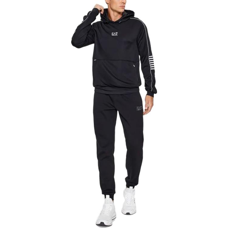 Emporio Armani EA7 Толстовка с капюшоном и принтом в полоску с буквами и цифрами, длинный рукав, мужские худи, черная, 6RPM06-PJ16Z-1200