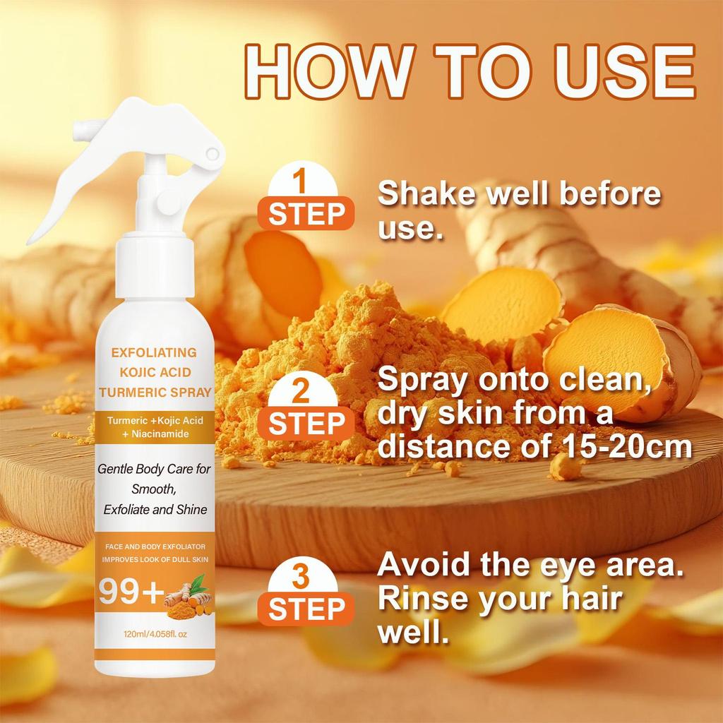 Отшелушивающий спрей с койевой кислотой и куркумой - Мягкий уход за телом для гладкости, отшелушивания и сияния - Подходит для всех типов кожи, 120 мл