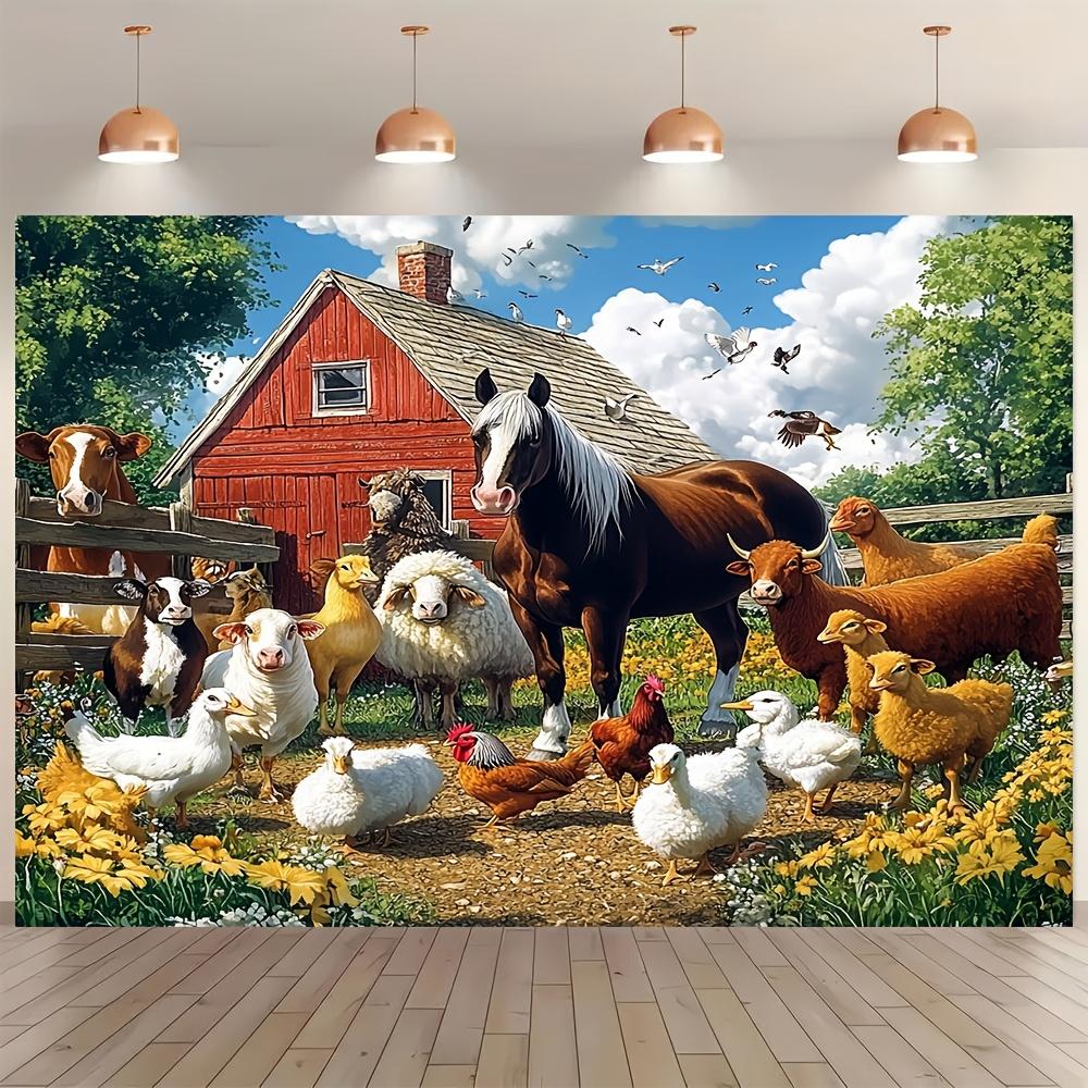 Farm animal party background with vibrant cow, sheep, horse, chicken, goose, pig and dog scene with red barn and windmill