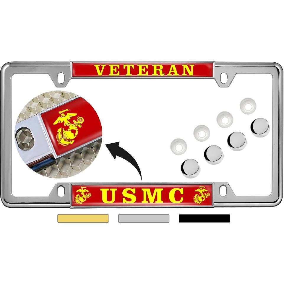 [Officially Licensed US Marine Corps Product] - USMC Veteran - Domed -Made Personalized Narrow (Thin) Top 4 Hole Metal Car License Plate Frame with
