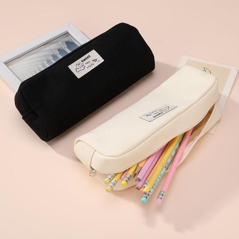 1Pc Solid Color Pencil Case Canvas Stationery Storage Pouch Simple Pencil Pouch School Supplies