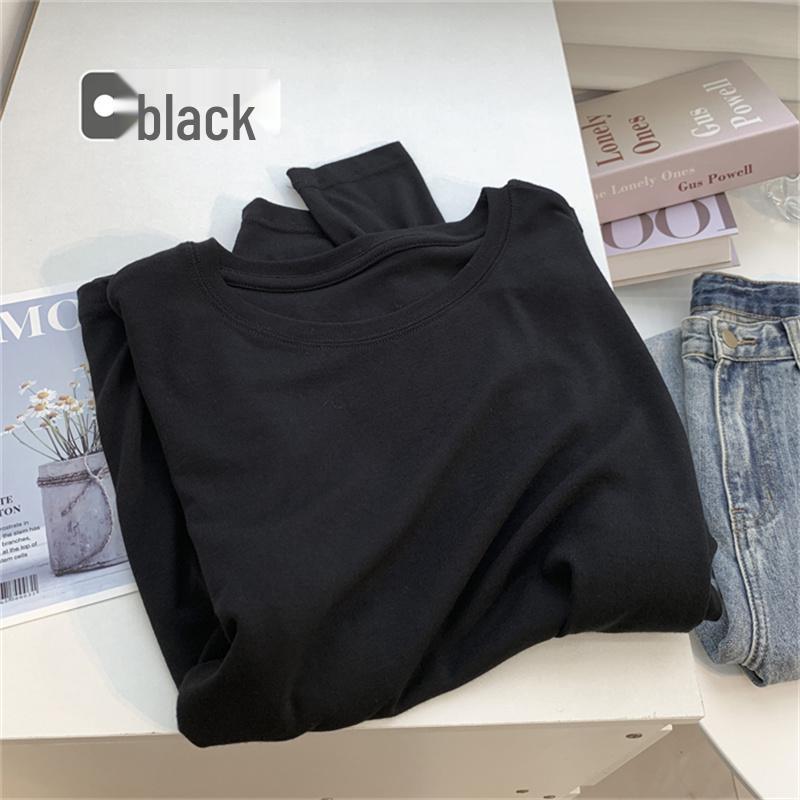 Women's Glutinous Rice Crew Neck Long Sleeve Soft T-Shirt - Spring Friendly, Solid Color, Drapey Base Layer.