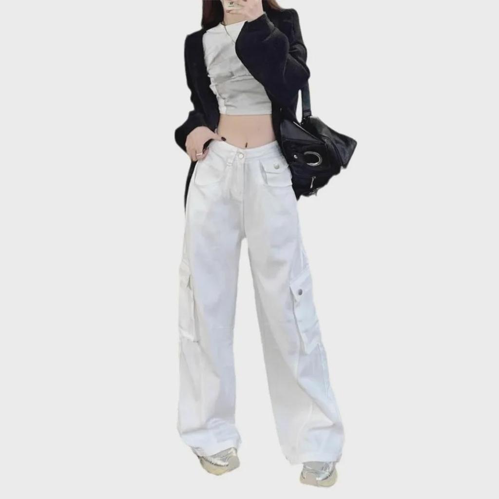 Women's 2025 High-Waist White Pocket Wide-Leg Jeans – Spring/Autumn Trend