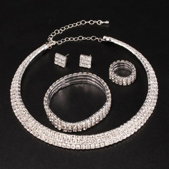 1 комплект, ожерелье, браслет, серьги, кольцо, геометрические стразы, ювелирные изделия, блестящий комплект ювелирных изделий для свадьбы