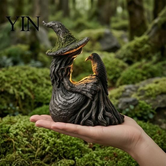 Durable Weather Resistant Ornament Luminous Witch & Raven Figurine with Mossy Tree Texture, Resin Gothic Ancient Crow Statue LED Light for Halloween
