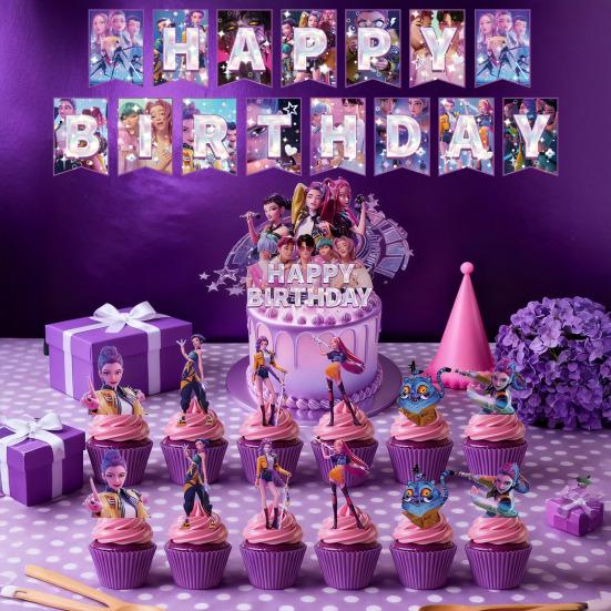 Birthday Party Decor Kit Themed Banner Cake Toppers & Spiral Balloons for K-POP Music Dance Theme Celebration Pink Girls Party Supplies