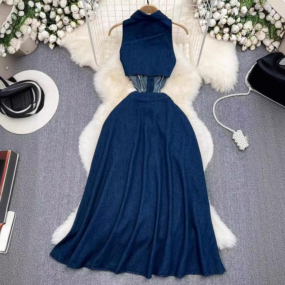 Женское ретро-платье с лацканами, без рукавов, однобортное, с открытыми плечами, повседневное длинное платье в ковбойском стиле