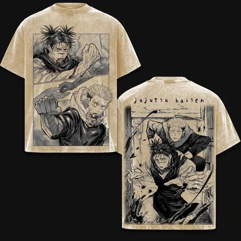 Jujutsu Kaisen Итадори Юдзи Печатная Футболка Мужская Женская Ретро Стирка Футболки Хлопковая Футболка Короткий Рукав Одежда Харадзюку Футболка