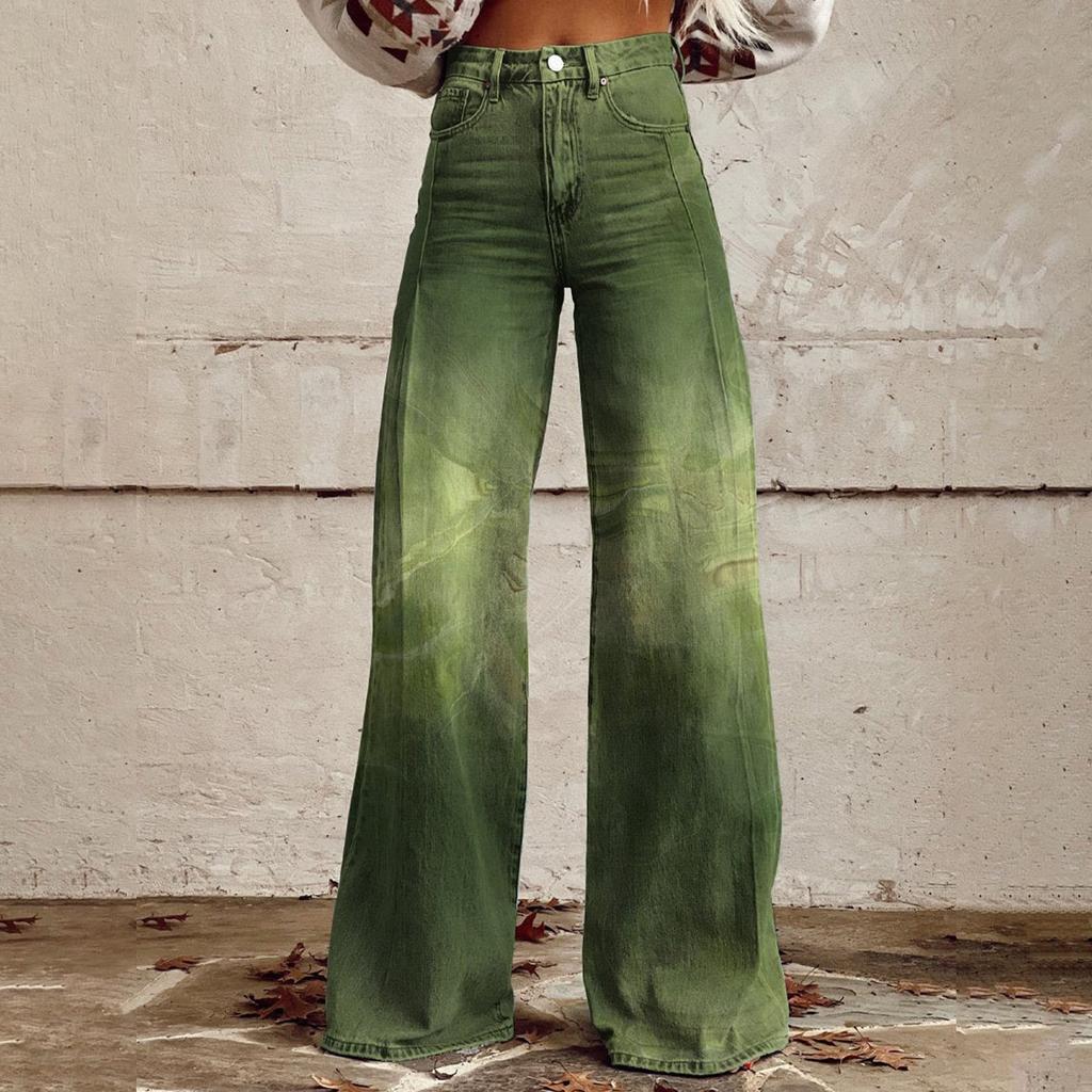 Wide Leg Flare Jeans For Women With Pockets Baggy Pants Vintage Floral Print High Waisted Loose Pant