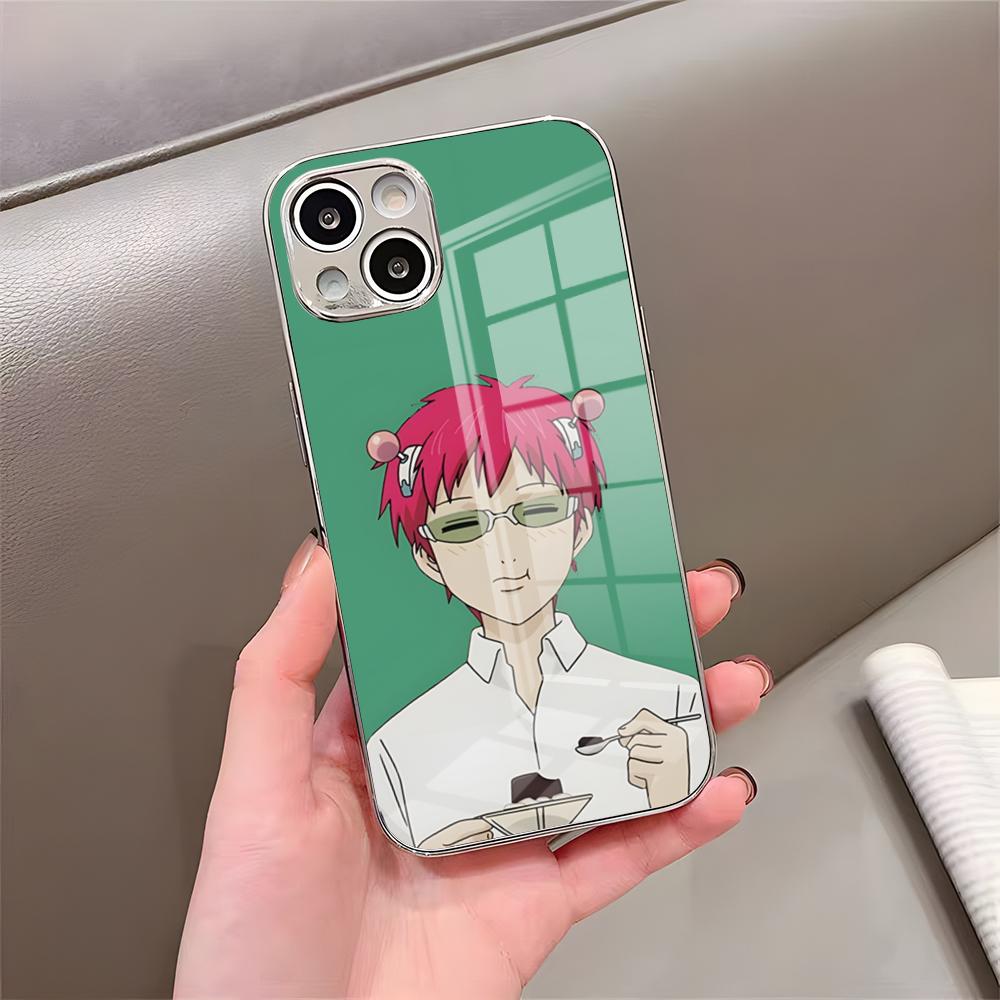 Чехол для телефона аниме К-Кусуо Сайки для iPhone 17 Pro Max 15 Pro 16 14 Plus 12 13 Mini 11 Pro Ударопрочный Электроplated Стеклянный Чехол