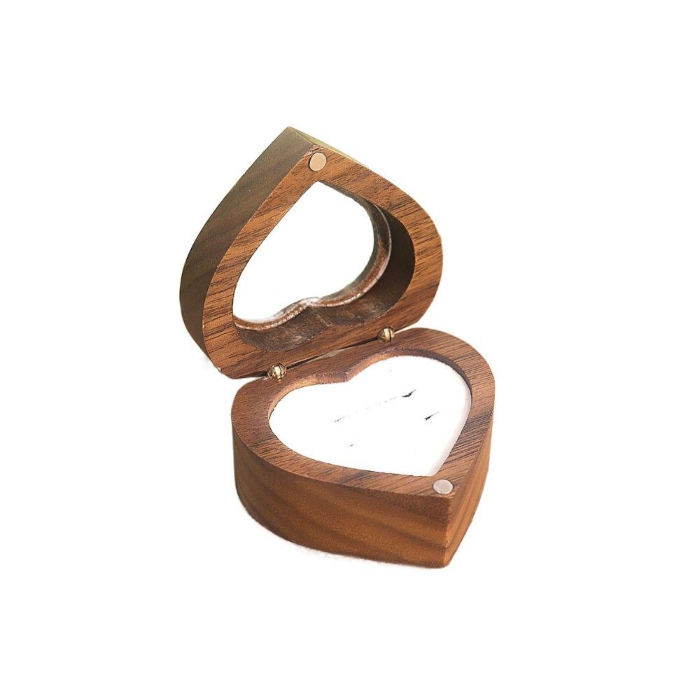 Transparent Cover Walnut Wood Rings Box 2 Slots Rings Bearer Box Simple Heart Rings Holder  Propose