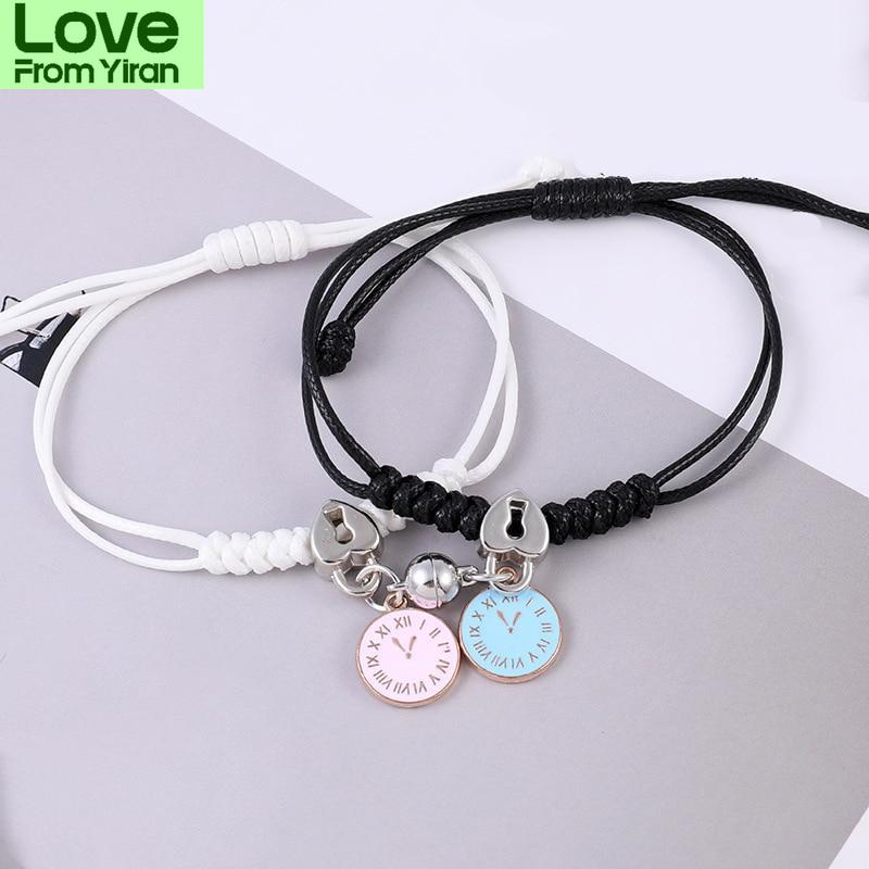 2pcs /Set Couple Charm Bracelet For Women Magnetic Attraction Ball Heart Key Lock Link Wrist Chain Best Friend Jewelry Gift Egirl