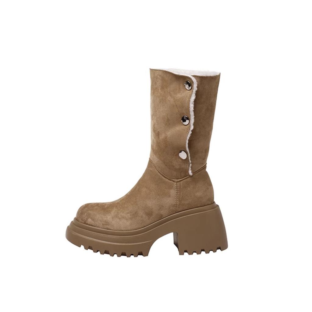 Маленькие сапоги на толстой подошве для осени и зимы с круглым носком и толстым каблуком, увеличивающим высоту ворса, замшевые, с утолщенным мехом, теплые зимние сапоги для женщин