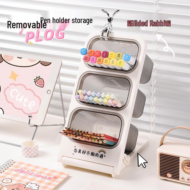Multi-layer Desktop Storage Box with Large Capacity and Slanted Pen Holder for Office or Student Stationery.