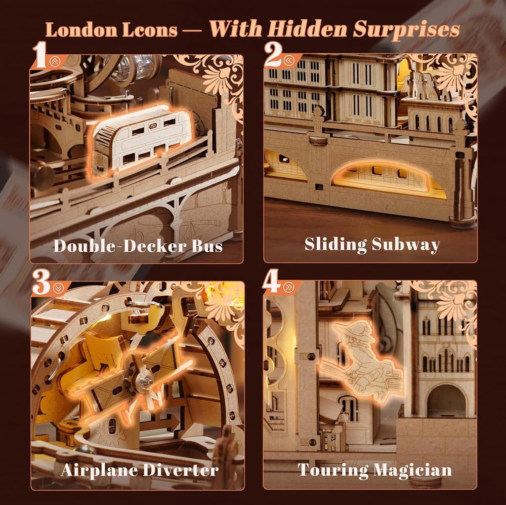 Robotime Rokr 3D Wooden Puzzles London City Miniature Marble Run Building Toys DIY Pinball Machine Model Kits Gear Ball Challeng