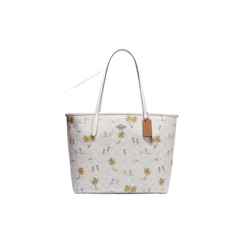 COACH City 33 Silver Letter Logo Plant Print Classic Jacquard Leather Tote Bag Shopping Bag Tote Bag Hand Shoulder Bag Women's White