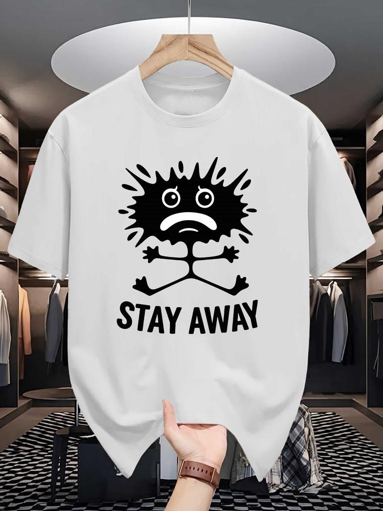 Unisex White Tee Funny Splash Monster Stay Away Letter Graphic Print Crew Neck Short Sleeve Summer Casual Male Cotton Street Top