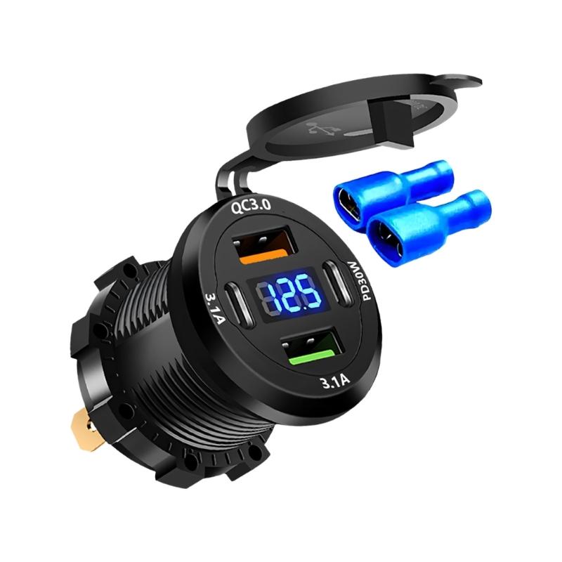 12V-24V Dashboard USB Outlet with Double Type-C and Double USB-A Ports, Built-In Power Readout, Round Panel Socket for Car Boat Motorcycle Consoles