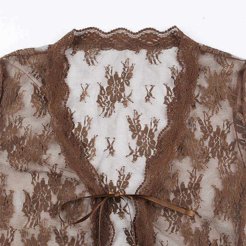 Женская сетчатая кружевная блузка, летняя тонкая перспективная топ с длинным рукавом и v-образным воротником, кружевные кардиганы, рубашка, укороченные топы