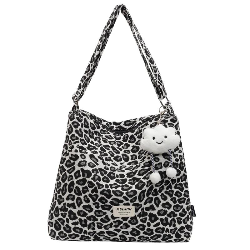Leopard Print Canvas Shoulder Bag Large Capacity Zipper Versatile Fashion Bag Soft and Simple