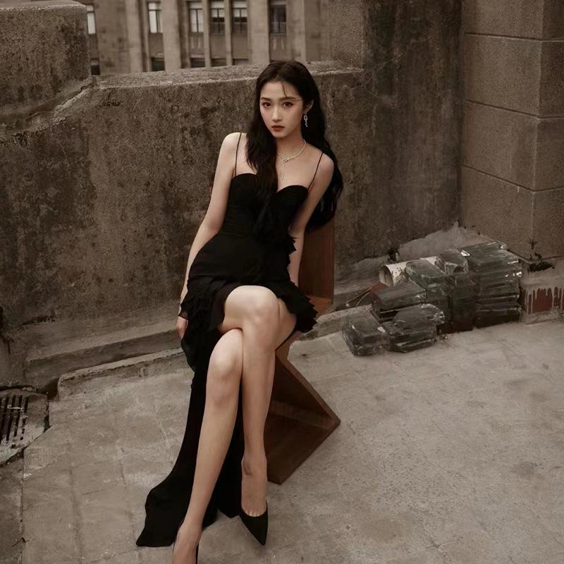 Guan Xiaotong Irregular Slit Black Tube Top Suspender Dress - Sexy Summer Skirt