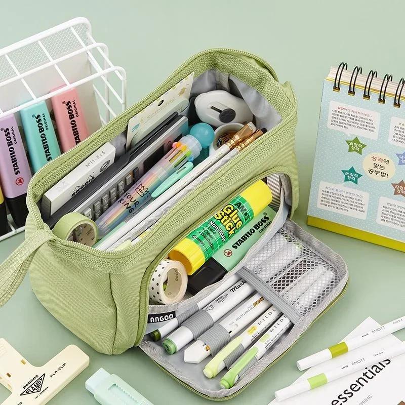 Multifunctional Korean Large Capacity Pencil Bag Double-layer Canvas Pen Case Portable Stationery for Students Pencil Case