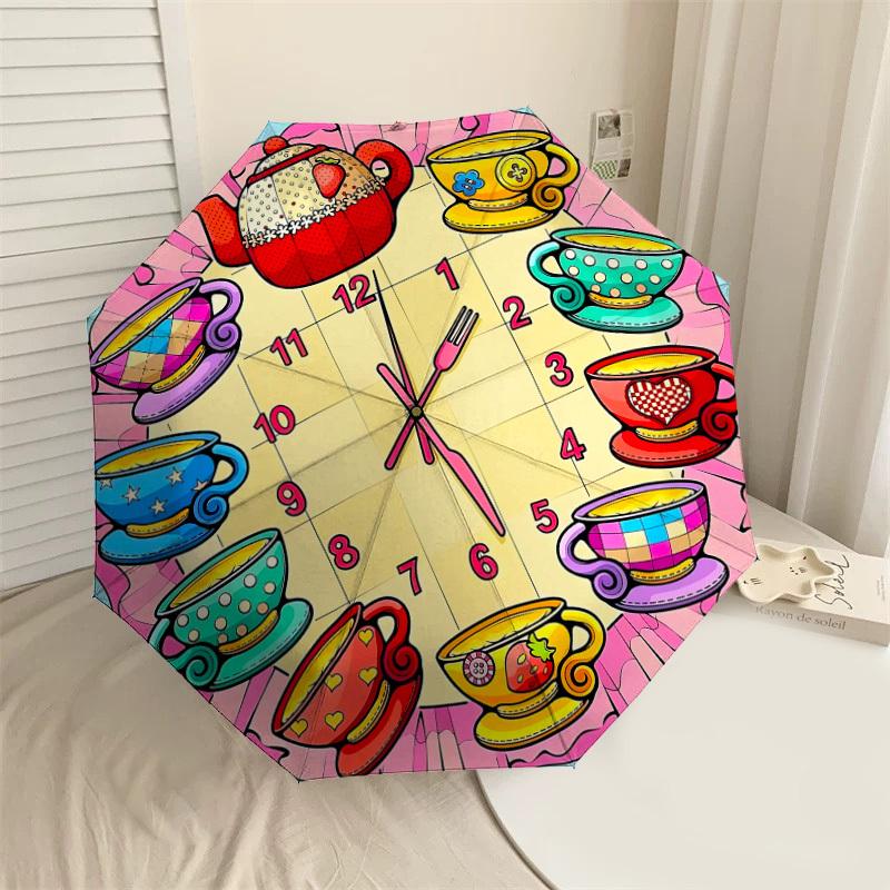 1PC clock tea cups Umbrella-8-Rib Reinforced, Automatic Open, Lightweight & Durable, Cute Fashion Accessory for Outdoor-T121
