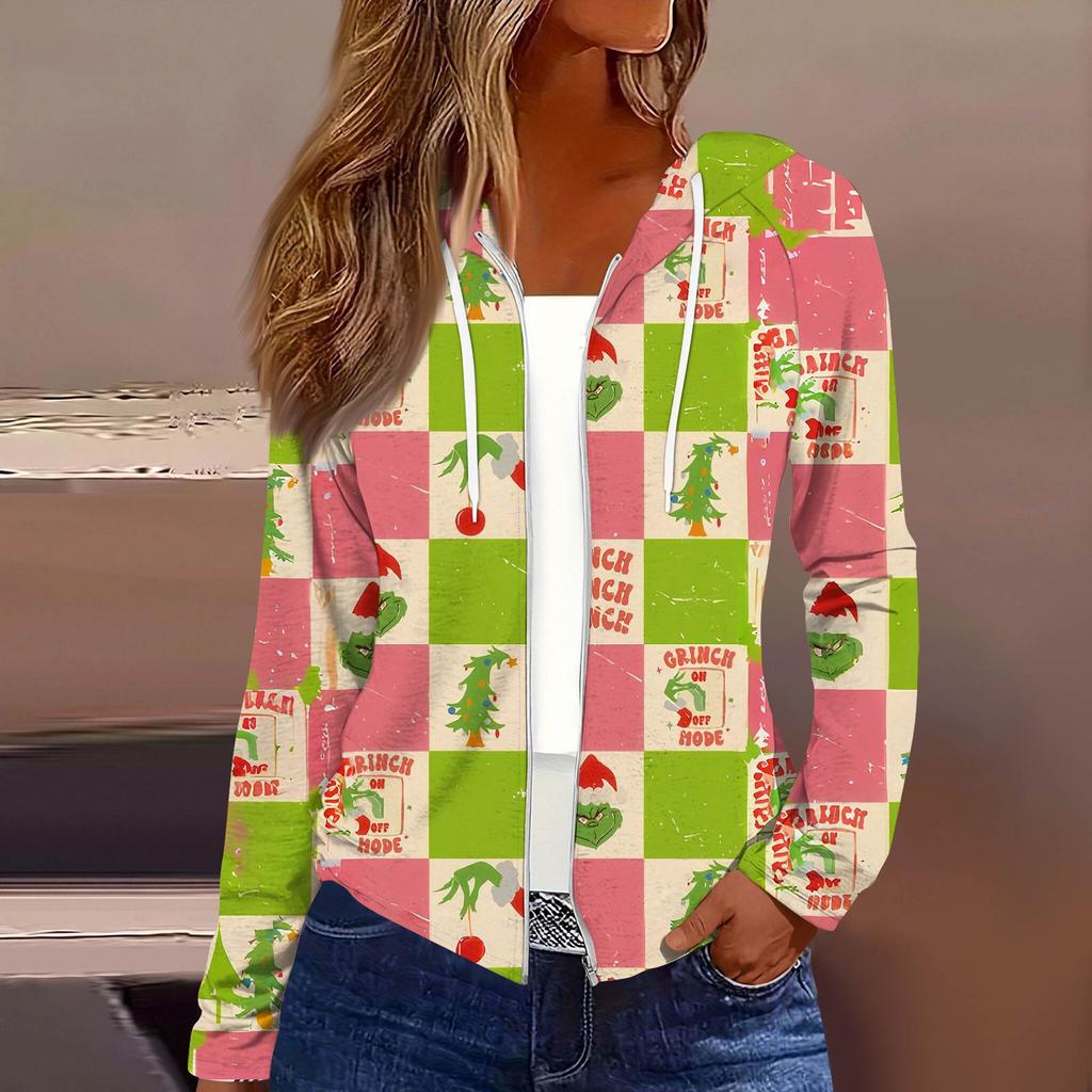 Women's Fashion Christmas Print Casual Zip-Up Long-Sleeved Hooded Jacket