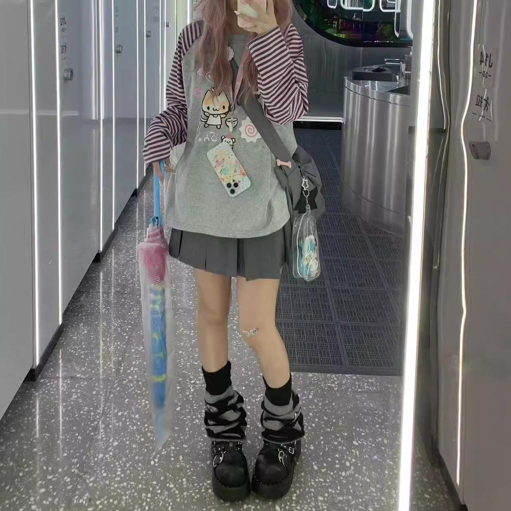Y2k Harajuku Kawaii полосатая толстовка женская японская мода лоскутное толстовка с мультяшным принтом женская осень 2023 новинка в