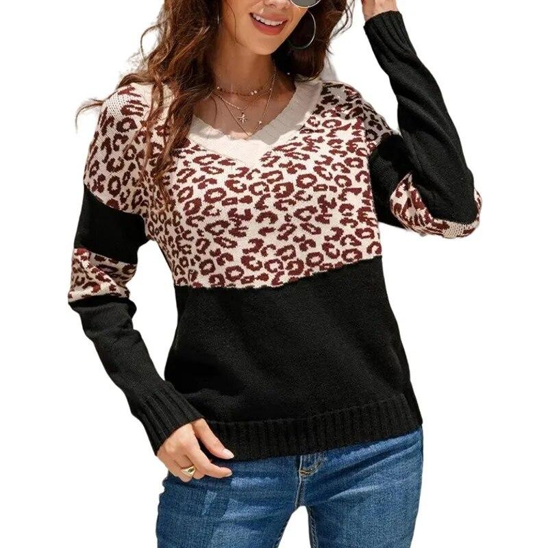 Модный пуловер с леопардовым принтом, осенние сексуальные свитера с открытыми плечами, свободная зимняя одежда, теплые вязаные топы 29446