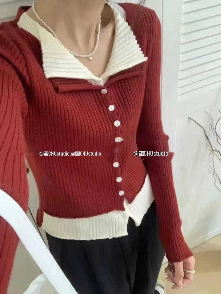 Slim-Fit Color Block Knit Cardigan – Women's Fashion Top for Autumn/Winter 2025