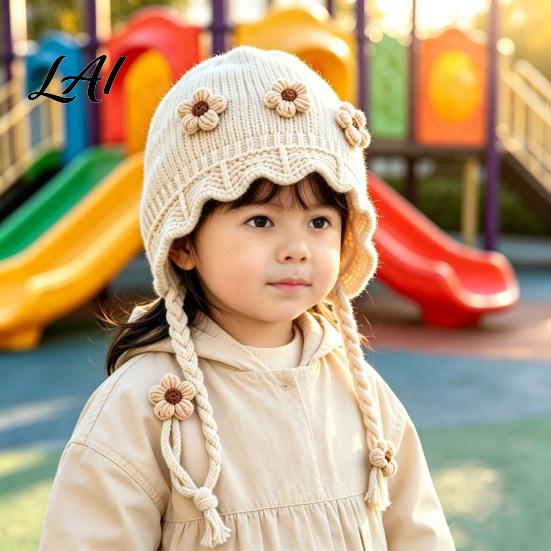 Baby Winter Hat Woolen with Floral Decor Windproof Warm Knitted Infant Earflap Cap Hat Ear Protection for Autumn And Outdoor Wear Toddler Girl